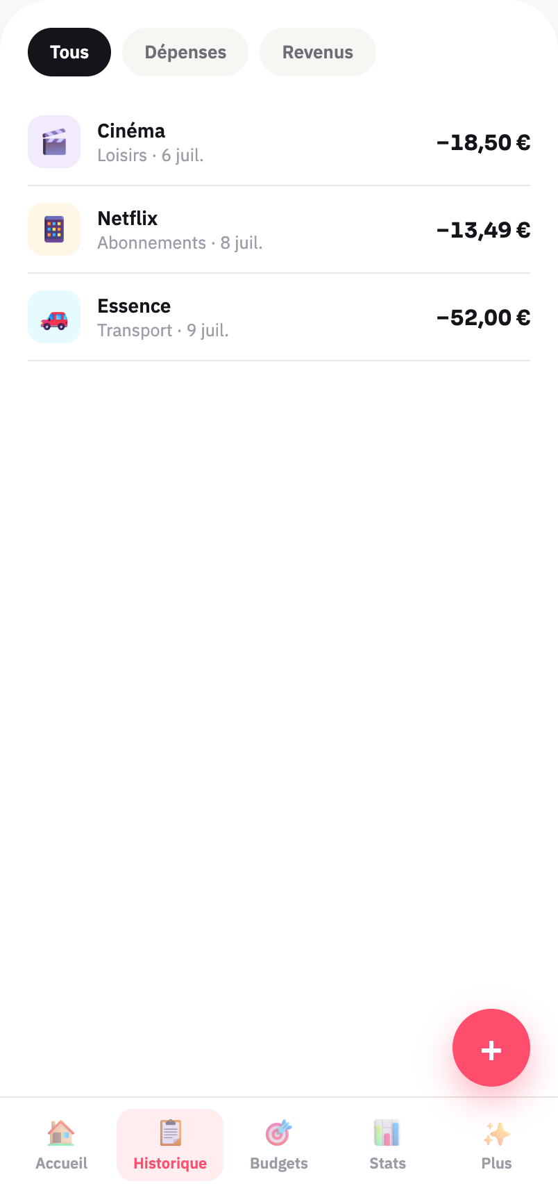 Écran des transactions Sereno